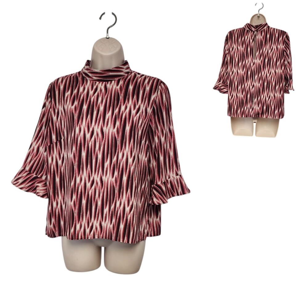 14th & Union Blouse Mock Neck 3/4 Sleeve Size M Multicolor Red/Cream